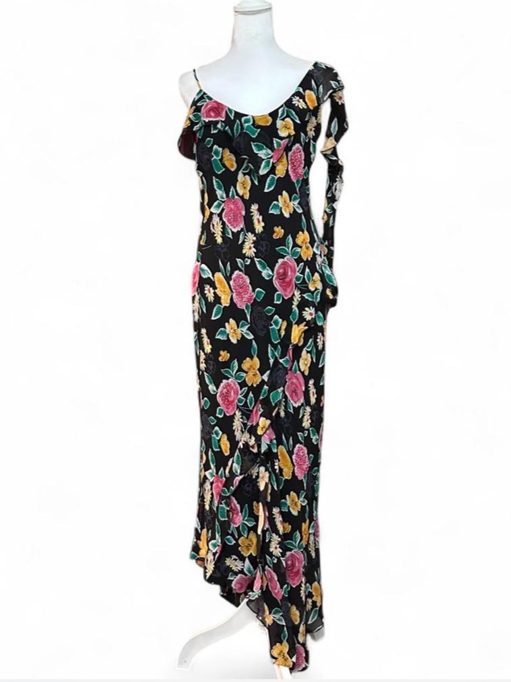 Y2K Lapis romantic ruffles and floral silk maxi dress